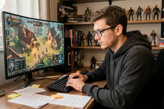 Joueur concentré devant son écran de jeu MMORPG avec des notes de prérequis éparpillées sur son bureau