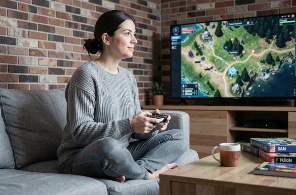 Joueuse adulte sur un canapé tenant une manette de jeu devant un écran affichant une carte RPG de fantasy