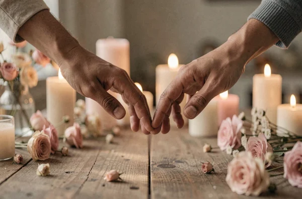 Deux mains se frôlant au-dessus d'une table en bois entourée de bougies, représentant la connexion spirituelle entre flammes jumelles à 18h18