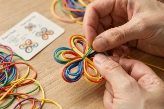 Mains adultes tressant un scoubidou fleur double pétale en plastique coloré sur une table en bois
