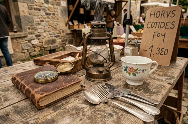 Collection d'objets vintage et d'antiquités sur une table de vide grenier en Tarn-et-Garonne