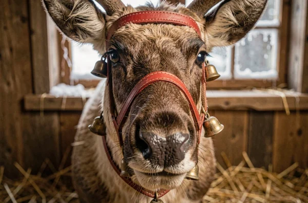 Portrait en gros plan d'un renne portant un harnais rouge vintage avec des clochettes évoquant le folklore du Père Noël