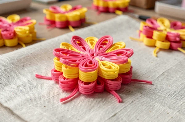 Scoubidou fleur double pétale terminé en plastique rose et jaune posé sur tissu lin pâle