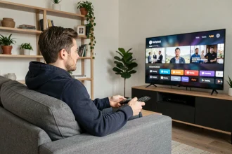 Homme regardant une plateforme de streaming français sur sa télévision dans un salon moderne