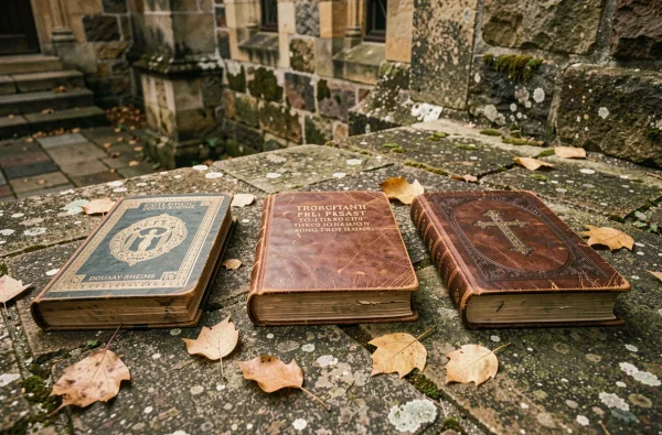 Trois Bibles catholique, protestante et orthodoxe posées sur une surface en pierre dans une cour d'église ancienne