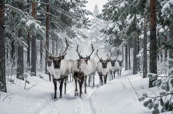 Troupeau de rennes traversant une forêt boréale enneigée en Laponie finlandaise
