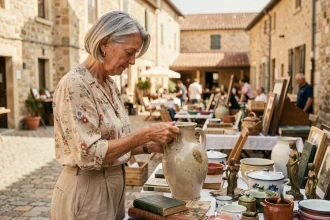 Femme examinant une cruche en céramique vintage sur un vide grenier en plein air dans un village du Tarn-et-Garonne