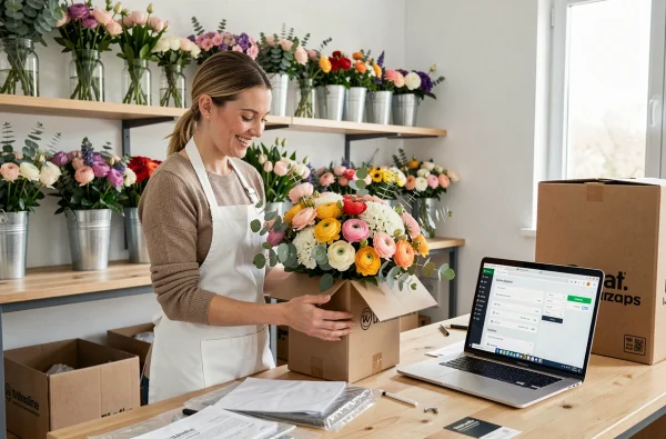 Fleuriste emballant une composition florale dans une boîte pour une livraison via le service 123Fleurs dans l'Allier