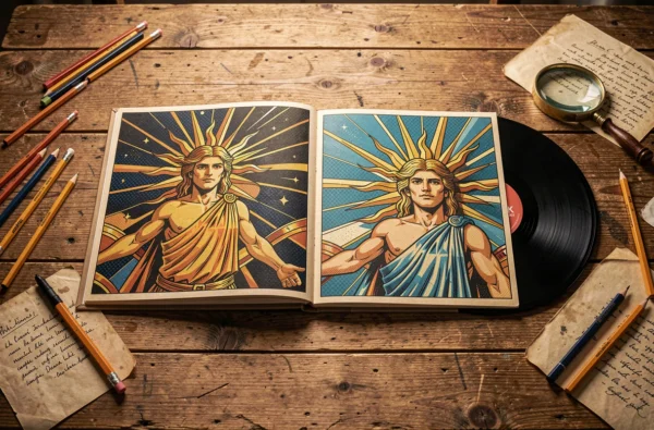 Roman graphique et pochette de vinyle représentant Apollon en style pop art rétro posés sur un bureau en bois vieilli, références à la culture pop moderne