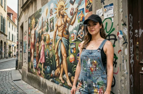 Artiste de rue féminine devant une fresque murale urbaine représentant Apollon en style néoclassique et pop culture dans une ruelle européenne