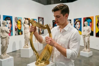 Musicien jouant une lyre dorée dans une galerie d'art mêlant sculptures grecques antiques et art contemporain, évoquant Apollon dans la culture pop
