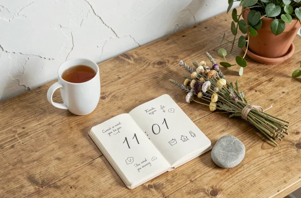 Carnet ouvert avec le chiffre 1101 et des affirmations positives posé sur un bureau en bois, illustration de la loi de l'attraction et des portails énergétiques