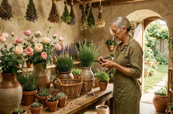 Fleuriste de Couleur Nature travaillant avec des fleurs et herbes sauvages dans une boutique rustique en Finistère