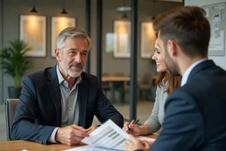 Couple rencontrant un courtier immobilier dans une agence moderne à Belfort pour un projet d'achat immobilier