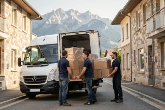 Équipe de déménageurs professionnels chargeant un camion dans une rue de Grenoble avec les montagnes de l'Isère en arrière-plan