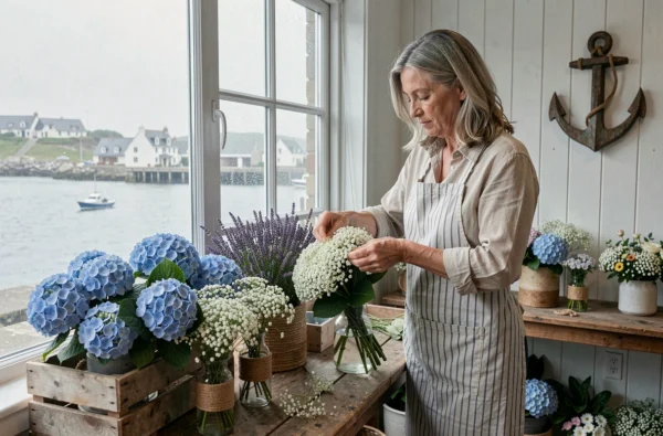 Boutique Fleurs du Littoral avec des compositions florales côtières et vue sur le port breton