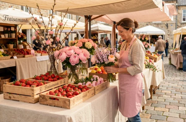 Étal de Fraisamande mêlant fleurs et fruits frais sur un marché breton du Finistère
