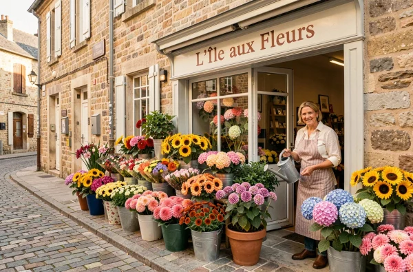 Devanture de L'Île aux Fleurs à Avermes avec des seaux de dahlias et tournesols sur le trottoir en pavé