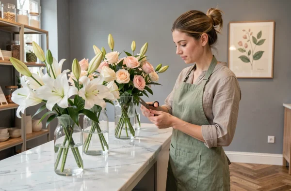 Fleuriste femme arrangeant des lys et des roses dans la boutique Kat et Lys en Finistère