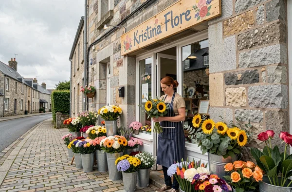 Devanture fleurie de Kristina Flore avec une fleuriste arrangeant des bouquets sur le trottoir breton