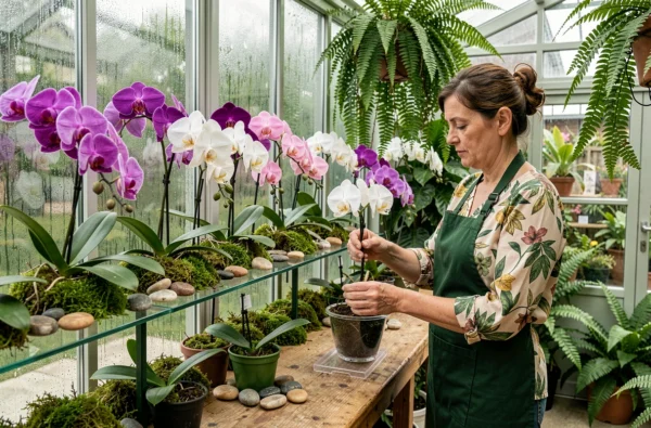 Spécialiste arrangeant des orchidées rares dans la boutique La Canopée Orchidées en Finistère
