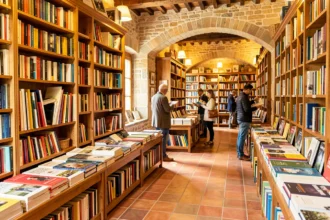 Intérieur d'une librairie indépendante des Alpes-Maritimes avec des étagères remplies de livres colorés et une atmosphère chaleureuse