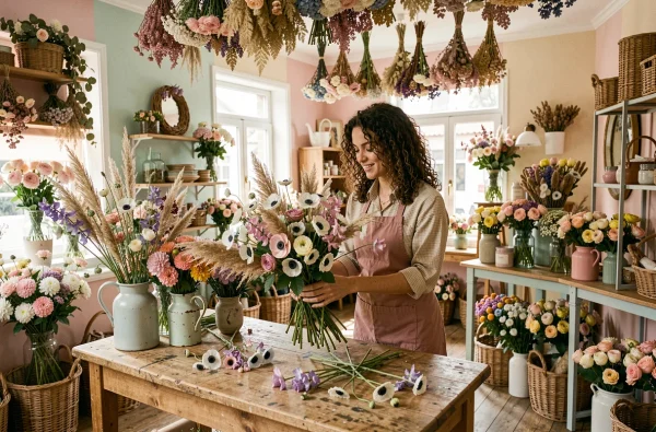 Jeune fleuriste créative assemblant un bouquet bohème d'anémones dans la boutique À la Magie des Fleurs à Moulins