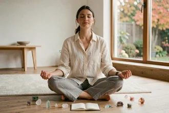 Femme en méditation entourée de cristaux et d'un journal lors d'un rituel lié au portail 11 01 et la loi de l'attraction