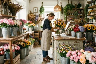 Intérieur d'une boutique de fleuriste en France avec des bouquets colorés et une fleuriste en tablier de lin arrangeant des fleurs