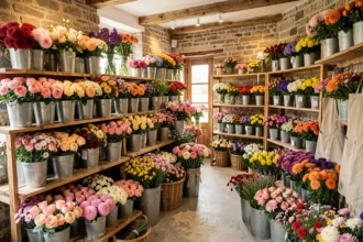 Intérieur d'une boutique fleuriste typique du Finistère avec des compositions florales variées et colorées