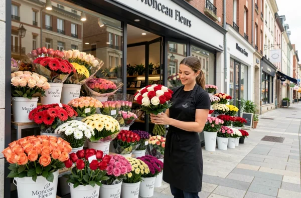 Devanture de Monceau Fleurs à Brest avec une fleuriste arrangeant un bouquet de roses classiques