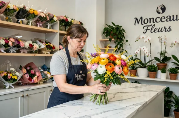 Fleuriste de Monceau Fleurs Cusset arrangeant un bouquet de renoncules et de mimosas sur un comptoir en marbre