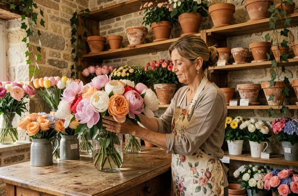 Fleuriste arrangeant de grosses pivoines et roses dans la boutique Monceau Fleurs de Moulins