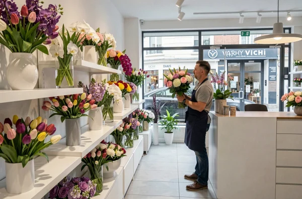 Boutique moderne Monceau Fleurs à Vichy avec des bouquets d'orchidées et de tulipes dans un espace lumineux