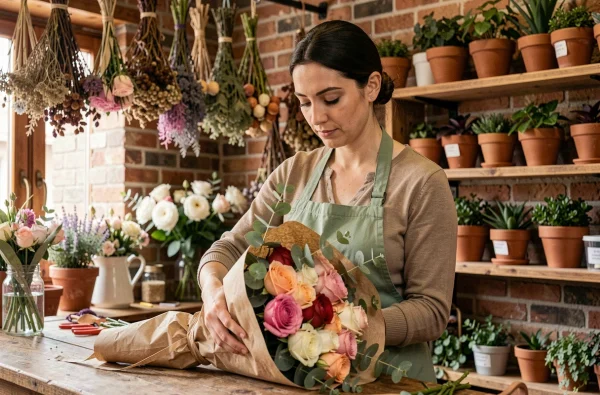 Fleuriste femme préparant un bouquet de roses et eucalyptus dans sa boutique à Montluçon