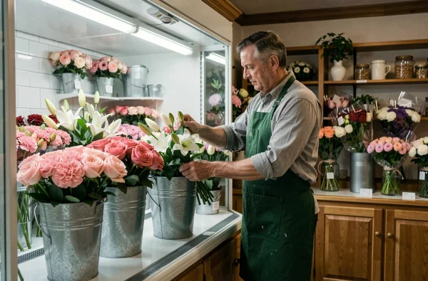 Fleuriste homme sélectionnant des roses et lys dans les seaux de la boutique Moulins Fleurs