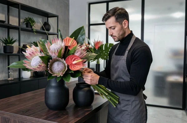 Fleuriste masculin de Pic Fleurs composant un arrangement floral architectural et contemporain