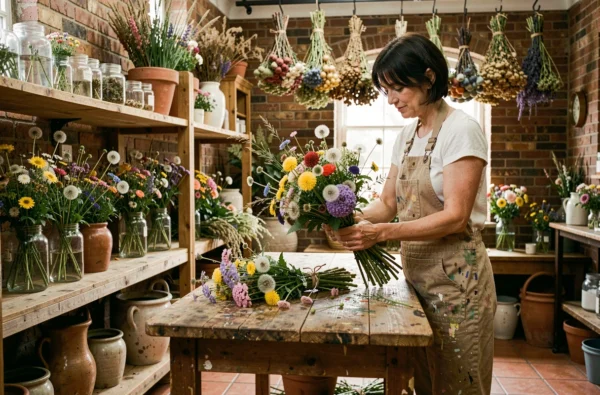 Fleuriste artisanale créant un bouquet champêtre dans l'esprit bohème des Pissenlits Par La Racine