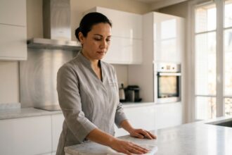 Femme de ménage professionnelle en uniforme gris nettoyant le plan de travail d'une cuisine moderne dans un appartement parisien