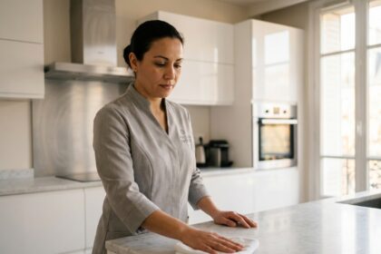 Femme de ménage professionnelle en uniforme gris nettoyant le plan de travail d'une cuisine moderne dans un appartement parisien