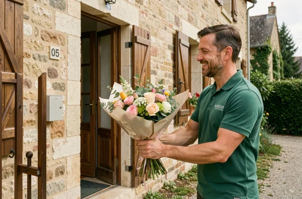 Livreur du réseau Sessile remettant un bouquet de fleurs artisanal à la porte d'une maison en pierre dans l'Allier