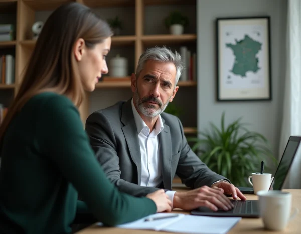 Courtier immobilier présentant une simulation de prêt immobilier à une cliente dans un bureau à Belfort