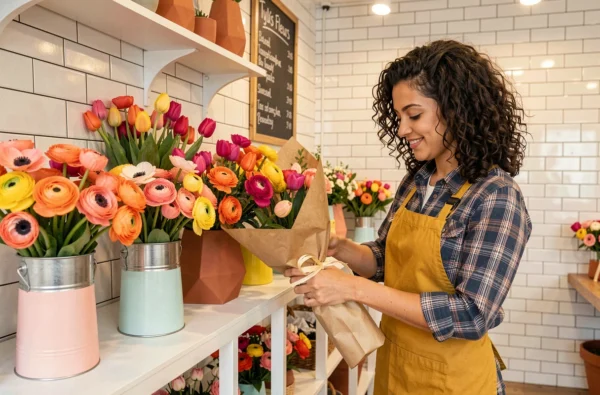 Jeune fleuriste de Tyli's Fleurs enveloppant un bouquet coloré dans du papier kraft en Finistère