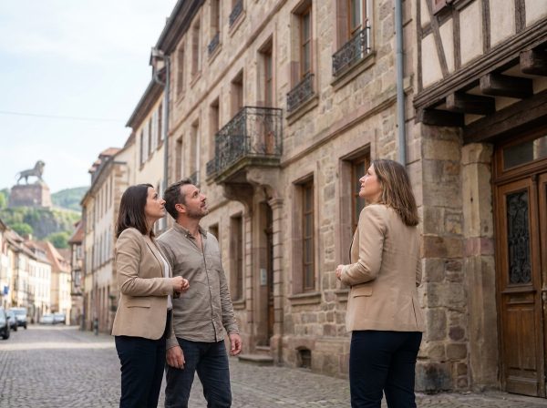 Courtière immobilière accompagnant un acheteur devant un immeuble résidentiel à Belfort