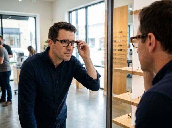 Homme essayant des lunettes en acétate dans une boutique d'optique haut de gamme