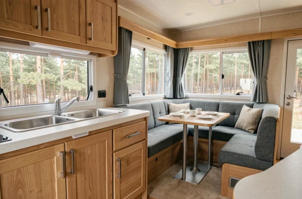 Intérieur confortable d'un mobil-home haut de gamme avec cuisine ouverte et salon aménagé