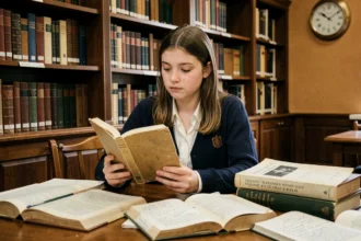 Lycéenne étudiant la poésie de Verlaine dans une bibliothèque scolaire avec des livres et des notes de cours ouverts sur son bureau en bois