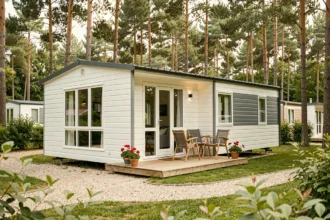 Mobil-home moderne de qualité dans un camping français entouré de pins et d'une terrasse en bois