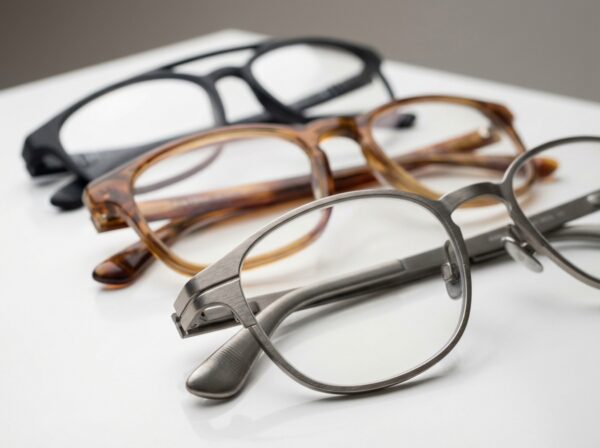 Trio de montures de lunettes innovantes en titane, bio-acétate et polymère sur fond blanc