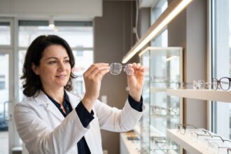 Opticienne examinant une monture de lunettes ultra-fine dans une boutique d'optique moderne